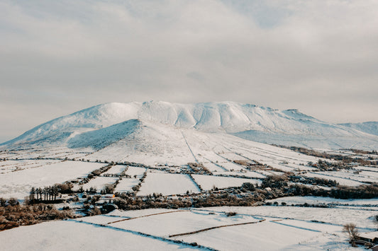 A breathtaking winter landscape of Caherconree, the iconic snow-covered mountain overlooking the village of Camp in County Kerry, Ireland. The scene showcases a patchwork of frost-covered fields, winding stone walls, and scattered houses nestled in the valley, all blanketed in pristine white snow. The mountain’s rugged slopes and ridges are softened by the snowfall, creating a serene and majestic atmosphere under a pale winter sky.