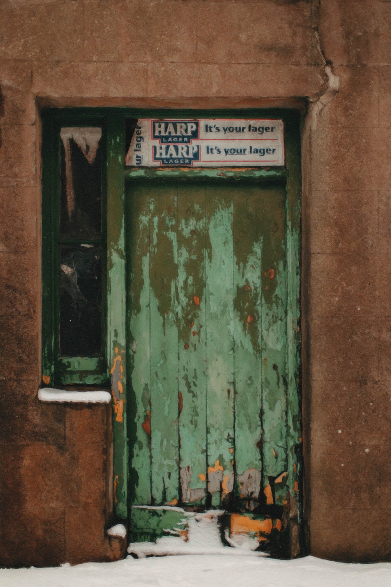 A moment frozen in time, this photograph-turned-painting captures the weathered doorway of what once was Courtneys Pub. The flaking green paint, faded Harp Lager sign, and quiet snowfall speak of stories untold and laughter long faded. It's a love letter to forgotten places—gritty, beautiful, and steeped in Irish soul. For those drawn to rustic textures, muted memories, and the quiet poetry of decay.