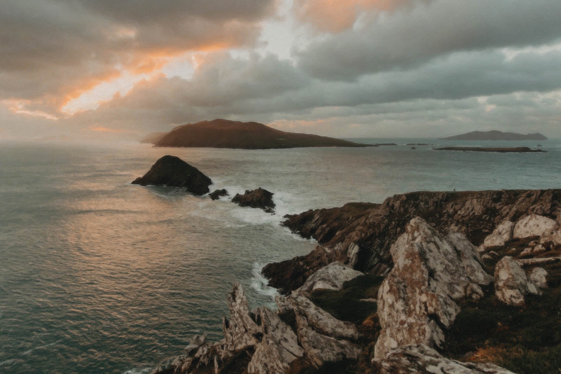 "Where Ireland Ends (and the Magic Begins)"
Digitally transformed from a windswept photo into a painterly ode to the edge of the world—this print captures Waymont, where the Dingle Peninsula crumbles into the Atlantic with dramatic flair. The rocks are jagged, the sea’s got attitude, and the sky can’t decide between brooding and brilliant. A piece for those who feel most at home where the land runs out and the wild things start whispering.