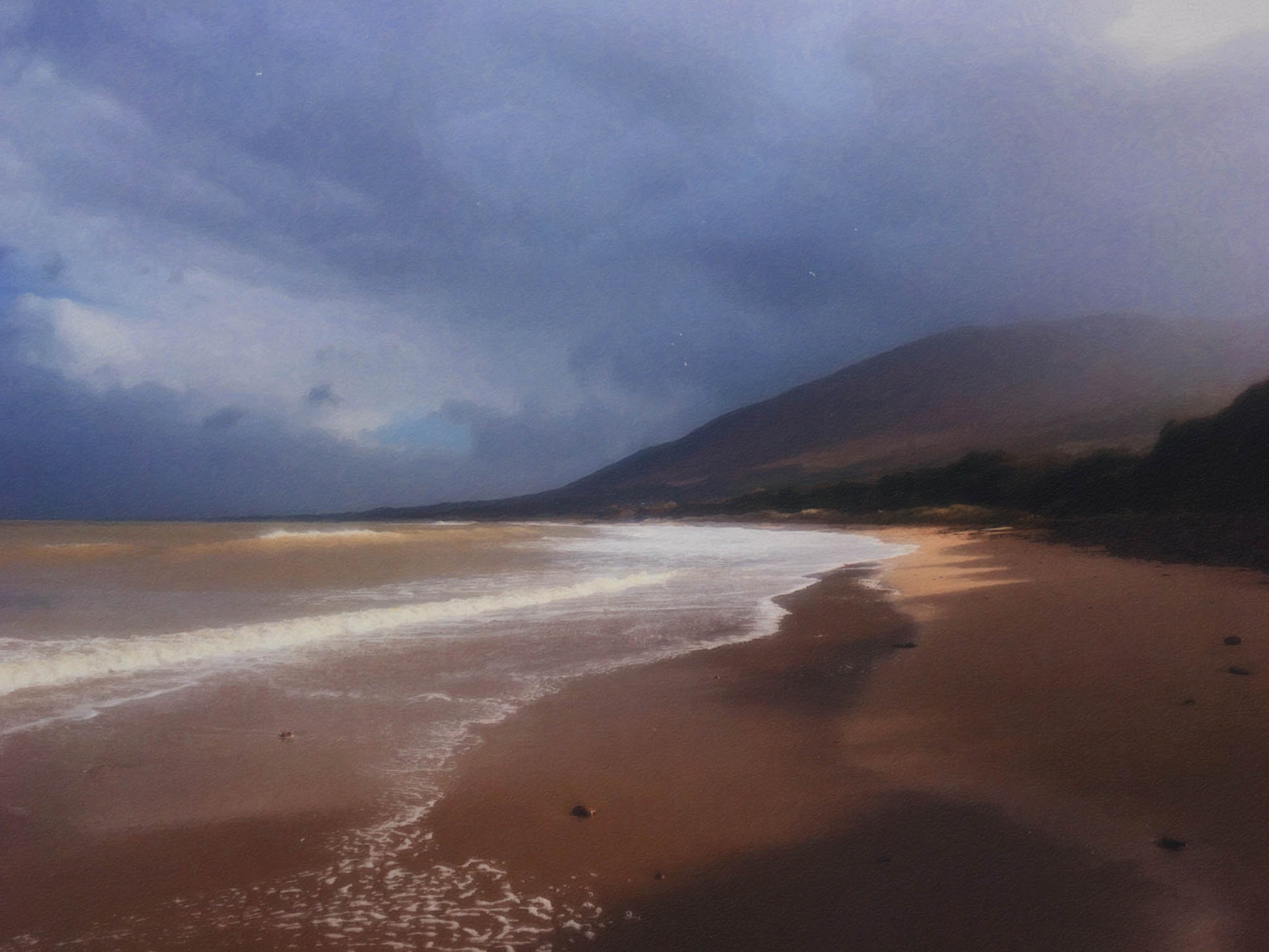 Digitally reimagined in painterly form, this coastal scene captures the raw elegance of an Irish beach just before the sky breaks open. The waves roll in quietly under brooding clouds, kissed by fleeting light and framed by the silhouette of a mountain. It’s a moment suspended between calm and chaos—timeless, textured, and achingly beautiful. Perfect for lovers of wild shores, deep skies, and the moody magic of Ireland.